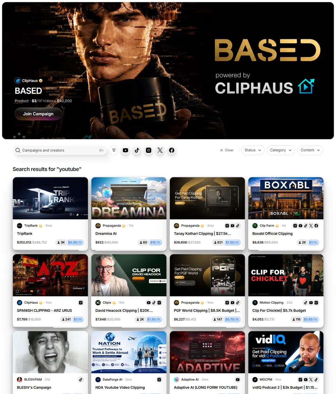 Halaman detail campaign Whop yang menampilkan label materi sumber berupa pre-approved YouTube videos