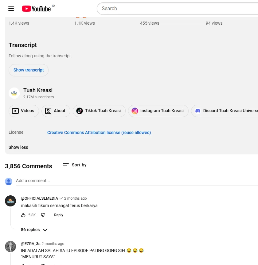 Baris Lisensi di deskripsi video YouTube channel Tuah Kreasi menampilkan teks Creative Commons Attribution license reuse allowed