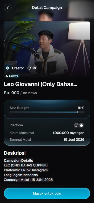 Halaman detail campaign Clippo menampilkan rate Rp1.000 per 1rb views, sisa budget 91 persen, platform, dan klaim maksimal