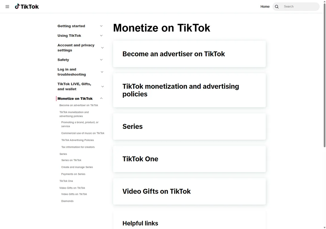 Halaman resmi Monetize on TikTok di pusat bantuan TikTok, menampilkan opsi seperti Series, Video Gifts, TikTok One, dan kebijakan iklan
