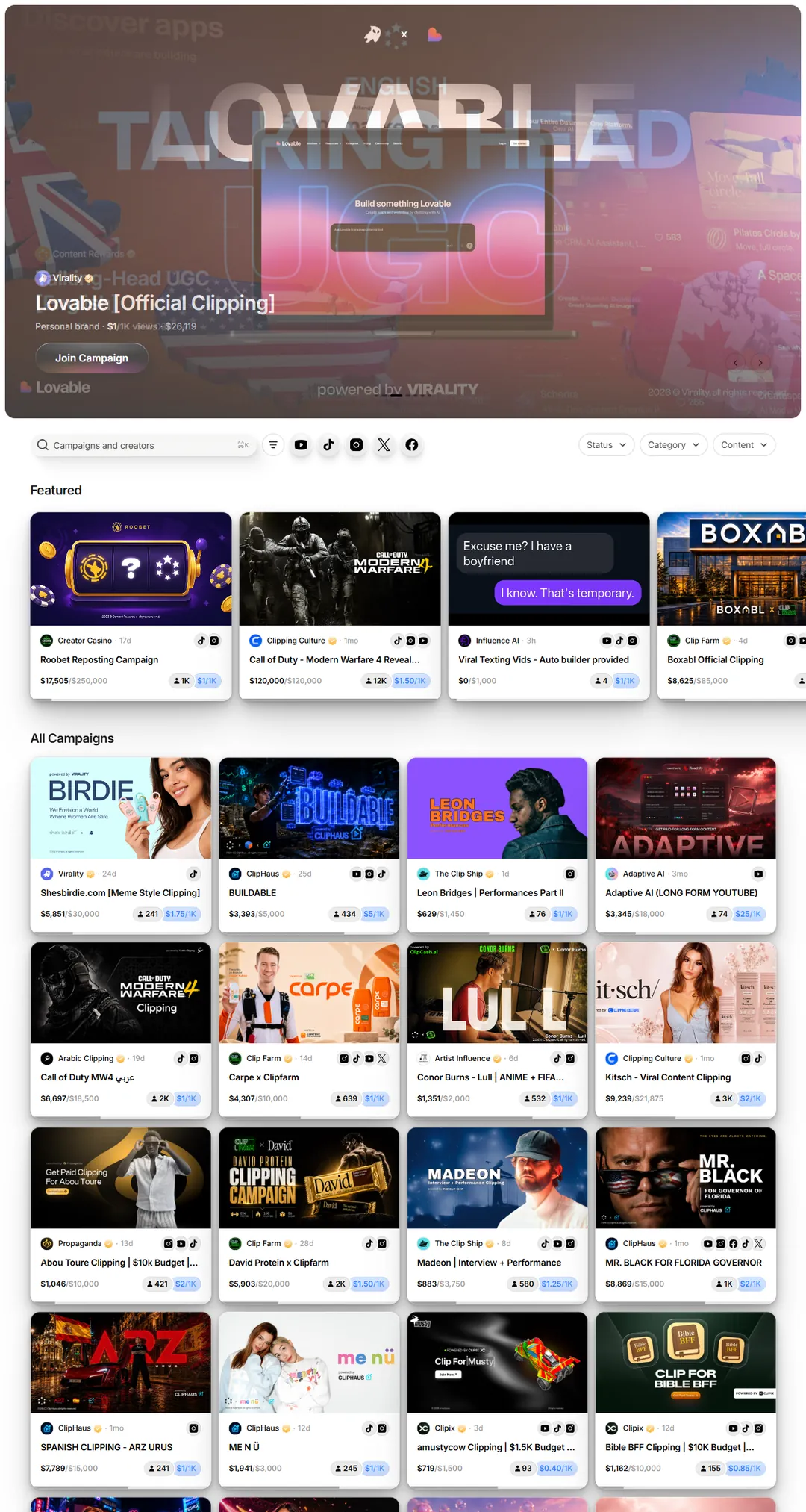 Tampilan nyata marketplace campaign clipping Whop (Content Rewards) menampilkan banyak campaign brand dengan rate per 1.000 views dan besar budget