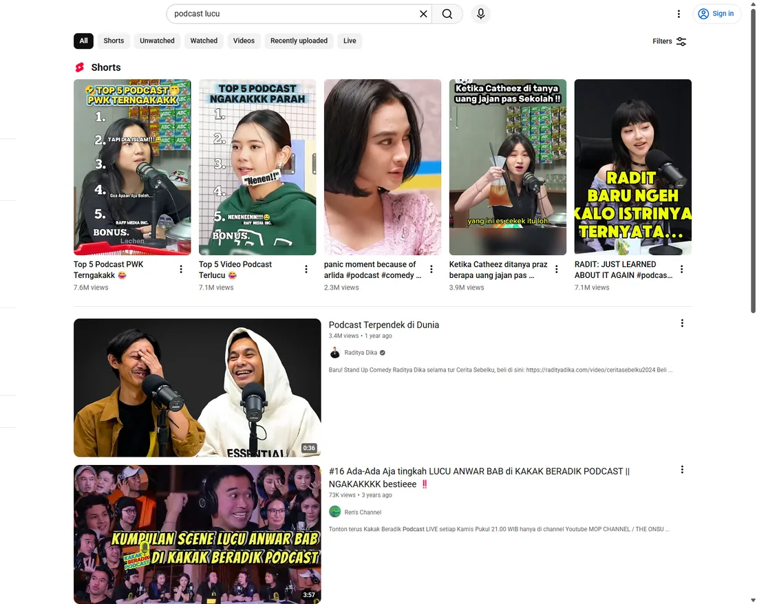 Rak Shorts di YouTube penuh klip podcast lucu dengan jutaan views, contoh output ternak klip yang berhasil